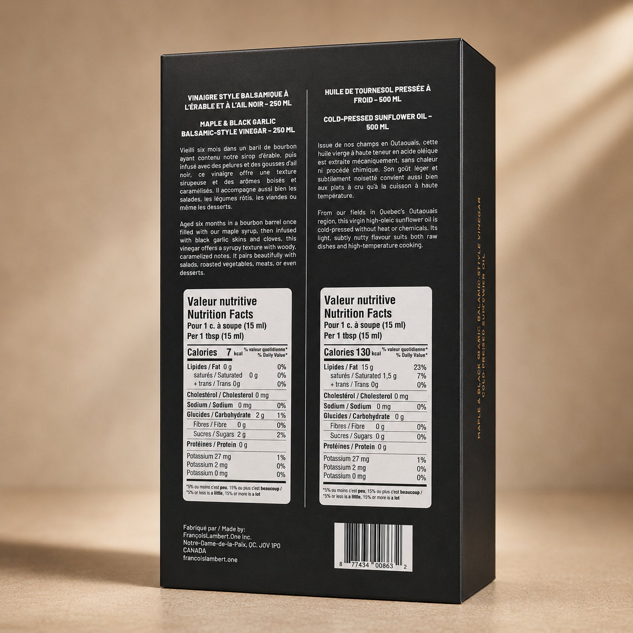 Coffret Élégance du Terroir – Huile de tournesol et vinaigre balsamique à l’érable et à l’ail noir