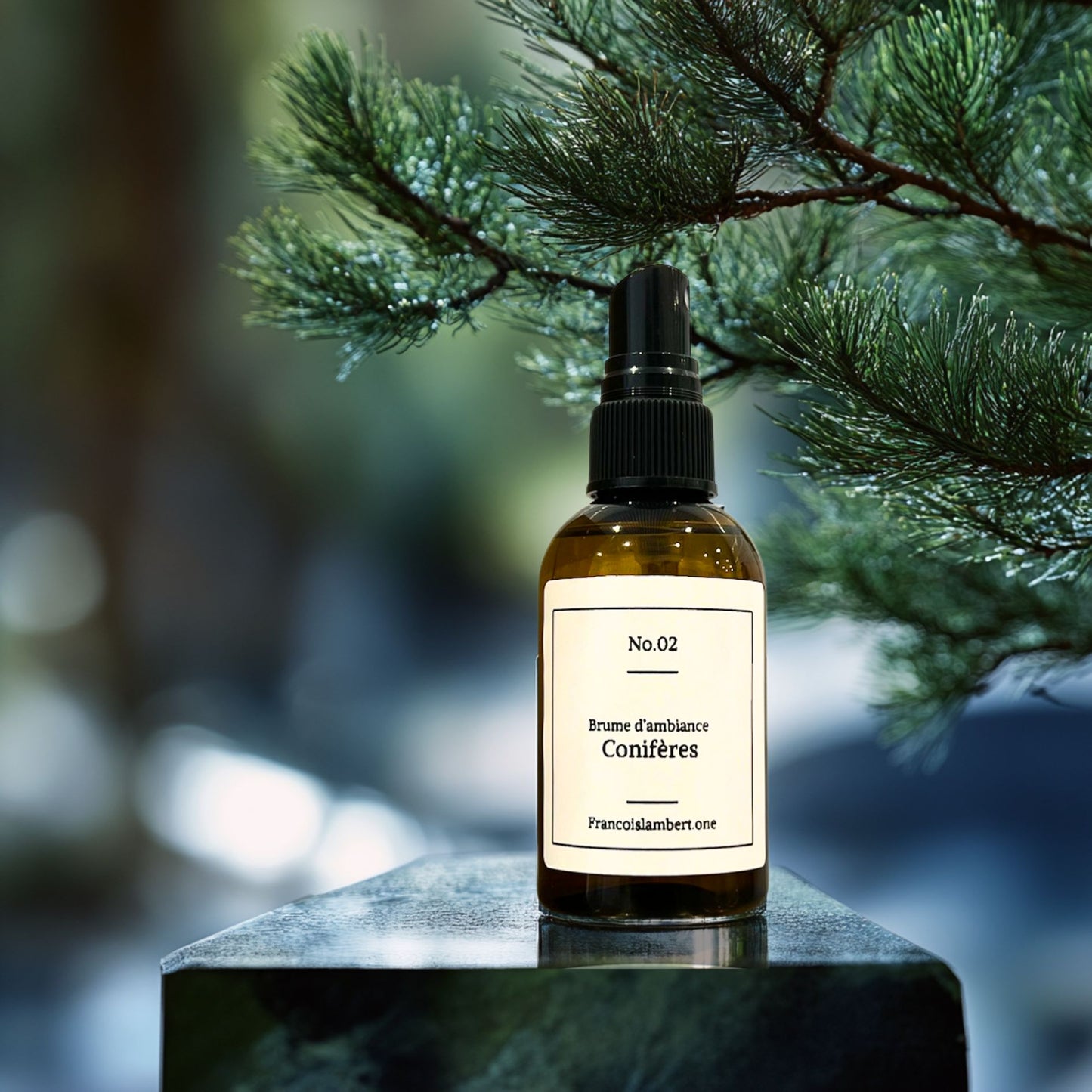 brume d'ambiance conifère sur un bloc de marbre, on peut voir un sapin à l'arrière