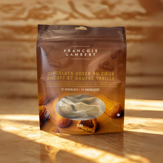 Chocolats dorés farcis au Biscoff et gaufre vanille