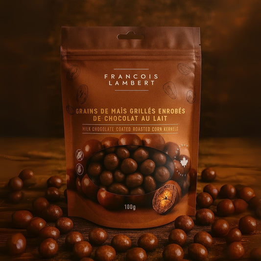 Grains de maïs grillés enrobés de chocolat au lait – Snack croquant et gourmand