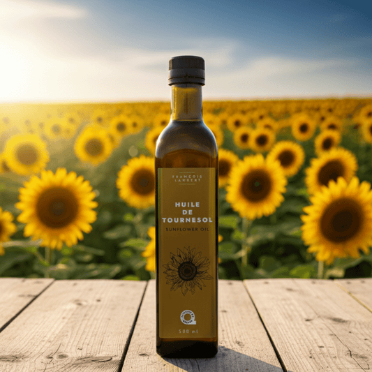 huile de tournesol devant un champ