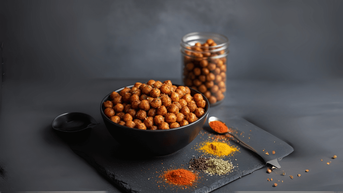 une assiette de pois chiches grillés sur un fond charcoal