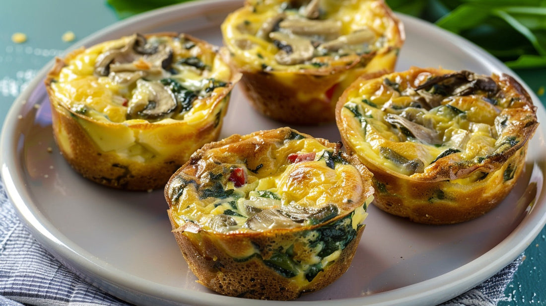 4 mini quiches sans croute dans une assiette blanche