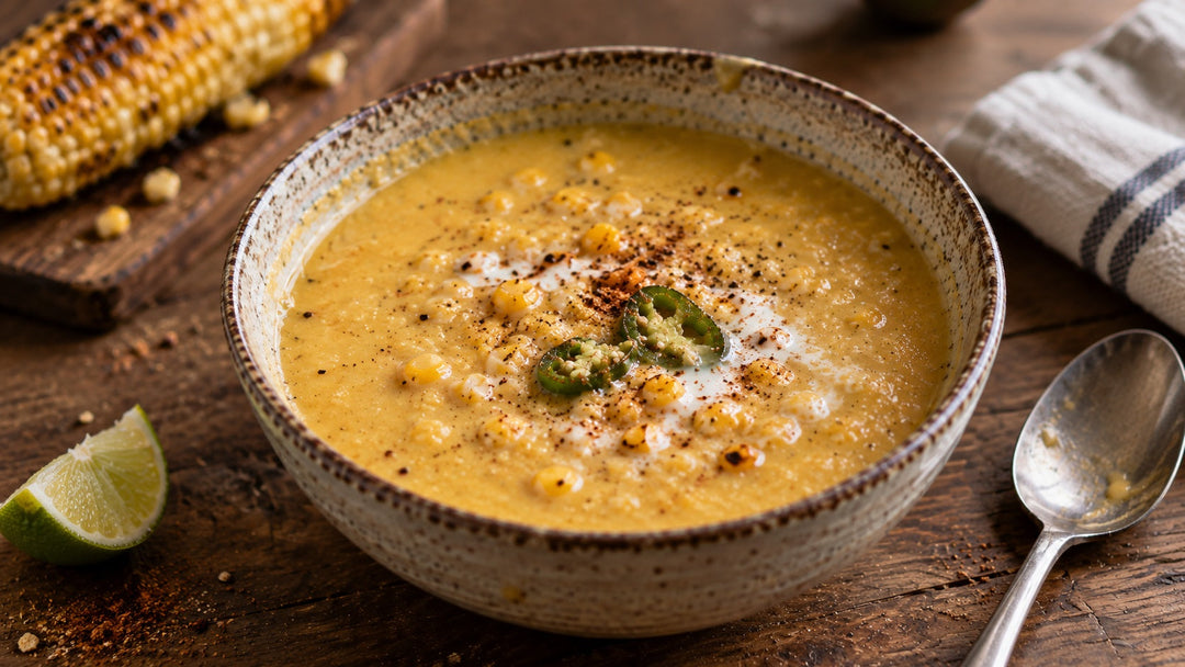 Crème de maïs grillé au jalapeño servie dans un bol avec grains de maïs grillés, crème et épices BBQ à l’ail noir et au sucre d’érable