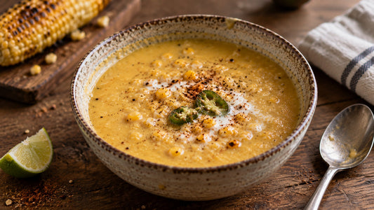 Crème de maïs grillé au jalapeño servie dans un bol avec grains de maïs grillés, crème et épices BBQ à l’ail noir et au sucre d’érable