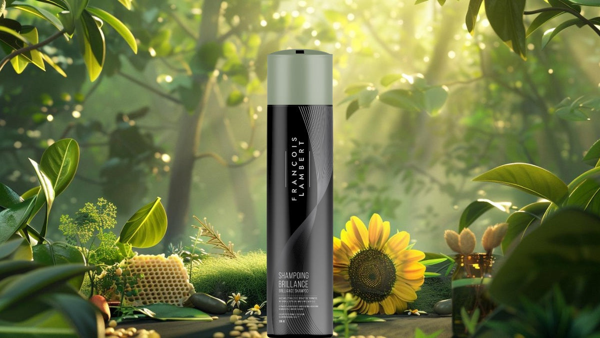 Une bouteille de shampoing dans un décor naturel