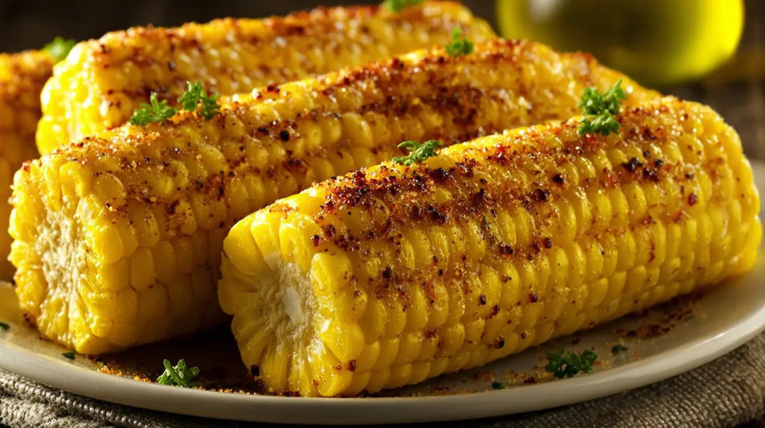 Épis de blé d’Inde beurrés saupoudrés d’épices BBQ ail noir & sucre d’érable sur assiette blanche.