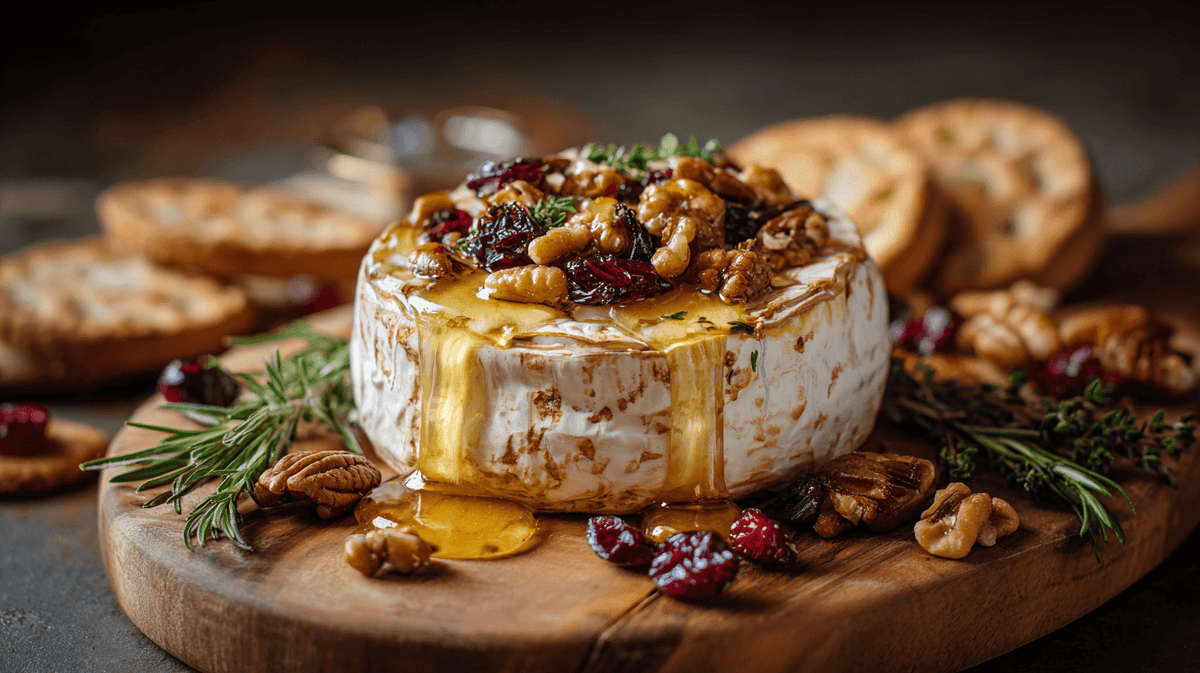 Brie ou Camembert Fondant au Four avec Miel de Fleurs Sauvages, Fruits Séchés et Noix
