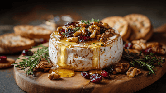 Brie ou Camembert Fondant au Four avec Miel de Fleurs Sauvages, Fruits Séchés et Noix
