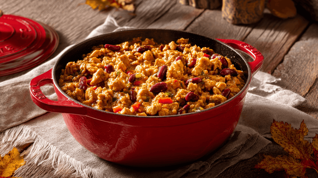 chili à la citrouille dans un creuset rouge