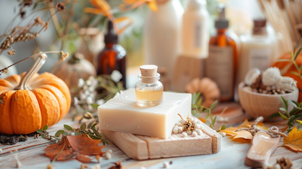 Produits clean beauty naturels : savon au lait de brebis, sérum à l'érable, masque citrouille, shampoing et après-shampoing entourés d'ingrédients frais de la ferme."