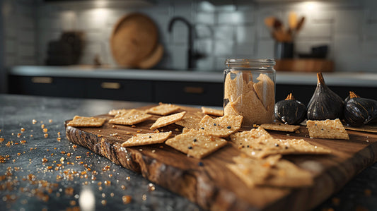 Planche en bois rustique avec craquelins faits maison au sucre d'érable et à l'ail noir, pot en verre de sucre d'érable et gousses d'ail noir dans une cuisine moderne.
