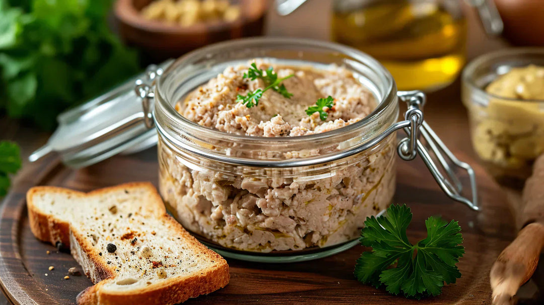 Un pot en verre ouvert avec des cretons de porc traditionnels québécois garni de persil, accompagné de tranches de pain grillé et d'ingrédients de cuisine en arrière-plan sur une table en bois.