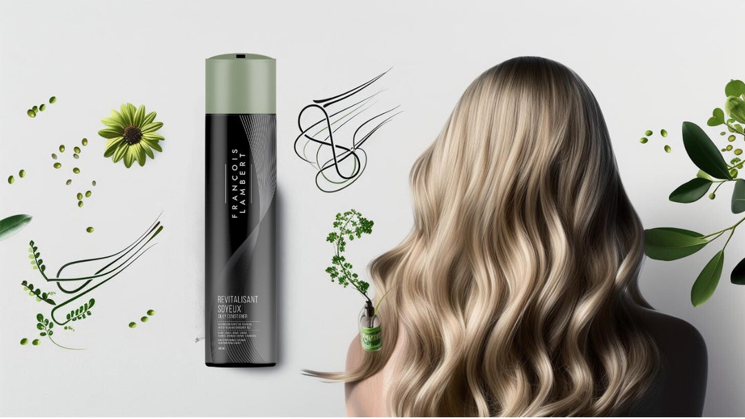 fille blonde de dos avec une bouteille de revitalisant