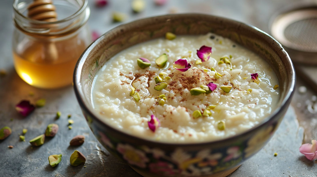 Un dessert iranien traditionnel à base de riz, de lait, de sucre, d'eau de rose et de cardamome. Le riz est cuit jusqu'à ce qu'il soit tendre et que le liquide soit absorbé. Le dessert est ensuite garni de pistaches et de pétales de rose.