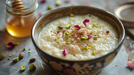 Un dessert iranien traditionnel à base de riz, de lait, de sucre, d'eau de rose et de cardamome. Le riz est cuit jusqu'à ce qu'il soit tendre et que le liquide soit absorbé. Le dessert est ensuite garni de pistaches et de pétales de rose.
