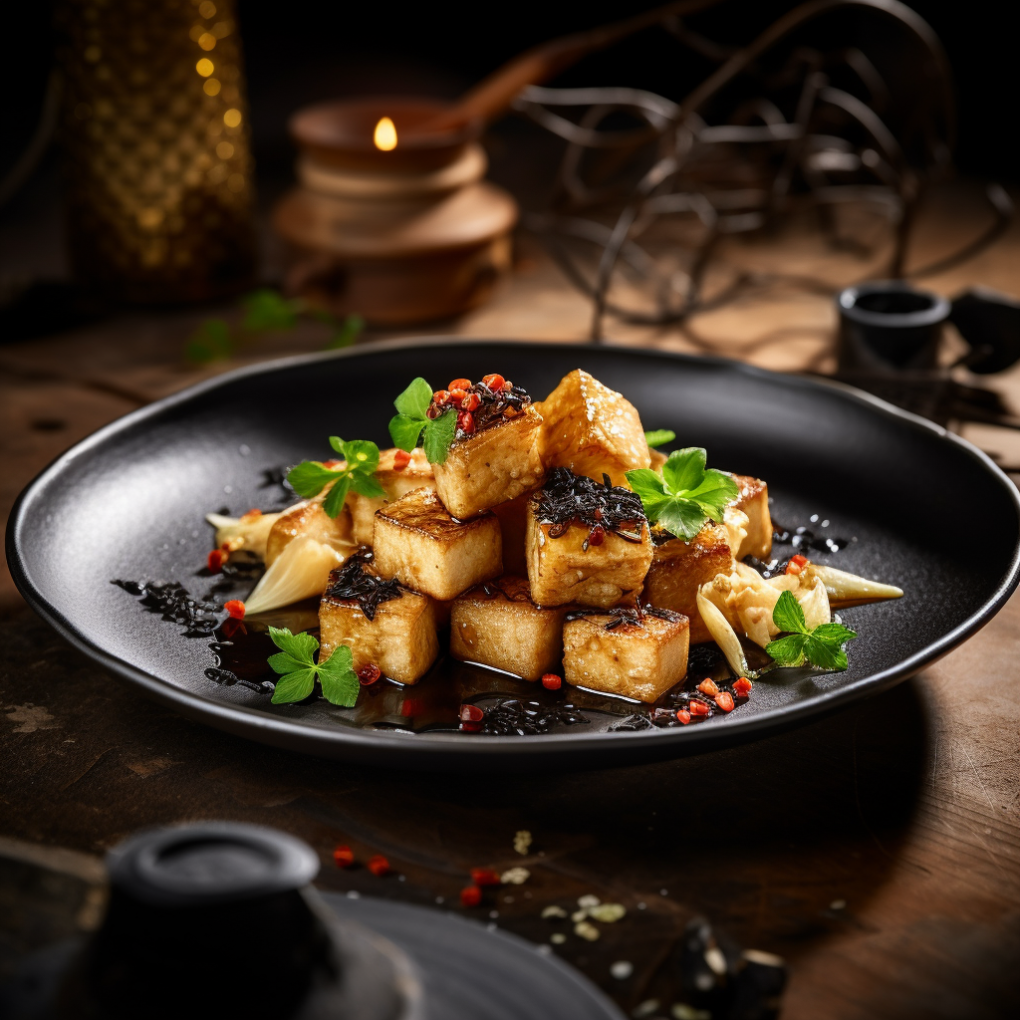 Tofu Frit aux Épices à l'Ail Noir et Sucre d'Érable avec Sauce Asiatique au Beurre de Sésame