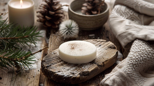une barre de savon au goudron de pin sur et lait de brebis sur une planche de bois