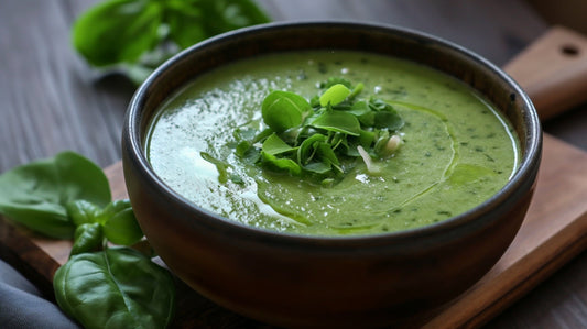 Potage d'épinards à la crème de coco, ail noir et sirop d'érable
