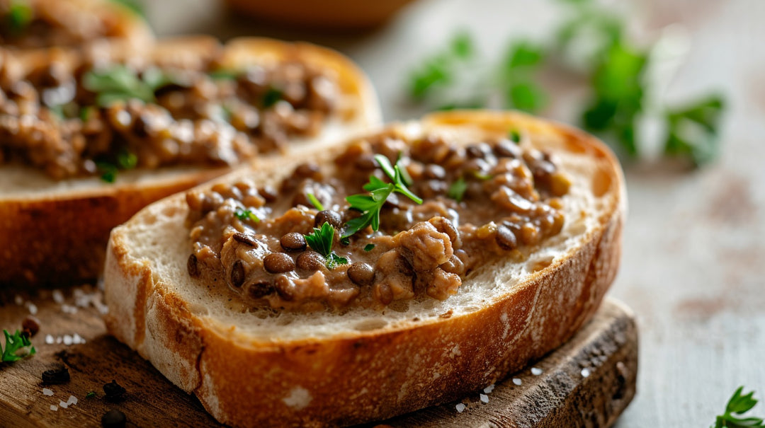 Image d'une tranche de pain avec une tartinade de lentilles sur une planche à découper.
