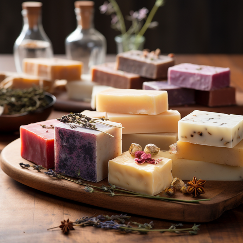 Plusieurs savons sur une table de bois