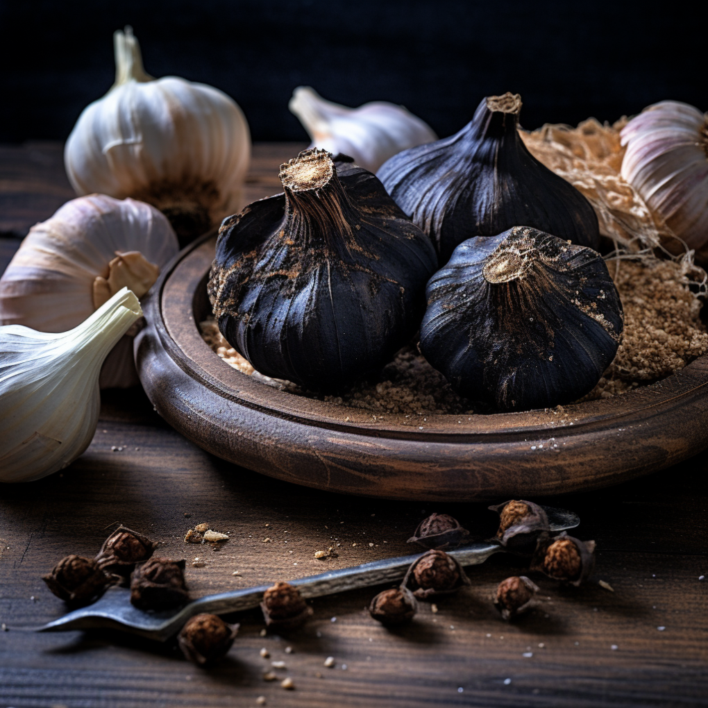 4 gousses d'ail noir sur une planche de bois