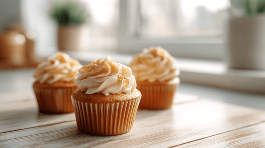 3 cupcakes sur une table lumineuse