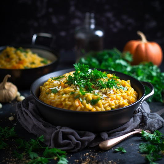 un risotto à la citrouille dans un plat noir et du persil