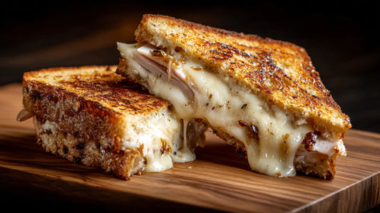Grilled Cheese à la Dinde, Oignons Caramélisés et Moutarde Dijon au Beurre d’Érable