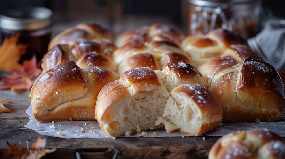 Brioches à la québécoise avec beurre d'érable, montrant une brioche coupée en deux pour révéler l'intérieur moelleux, sur une table en bois rustique avec feuilles d'érable et pot de sirop d'érable en arrière-plan, éclairage doux du matin