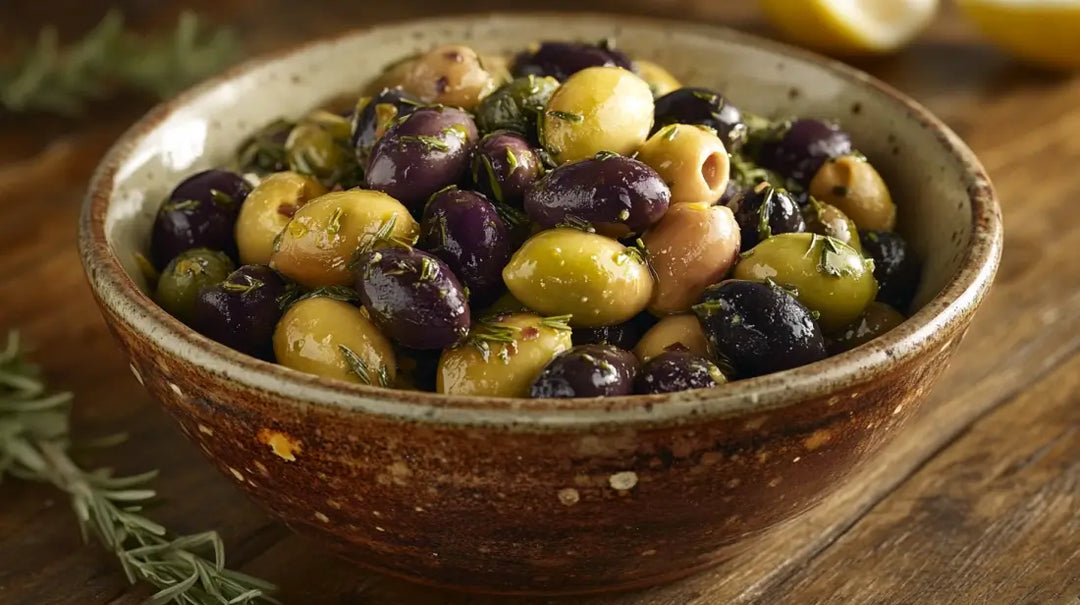 Olives chaudes aux herbes de Provence à la fleur d'ail