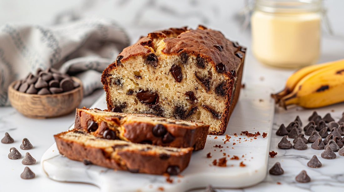 un pain aux bananes sur une planche blanche