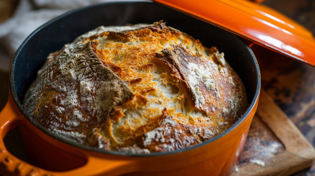 Un pain rustique cuit dans une cocotte en fonte de couleur orange, avec une croûte dorée et croustillante saupoudrée de farine. Le pain présente une fissure caractéristique sur le dessus indiquant une cuisson artisanale.