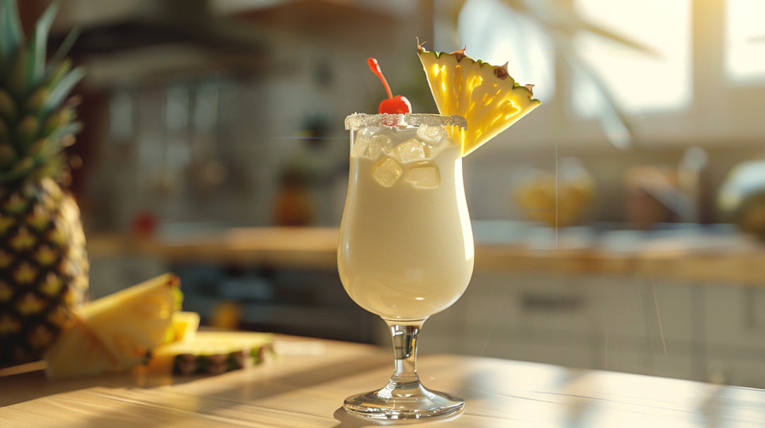 pina colada avec ananas sur une table de bois et un soleil provenant de la fenetre