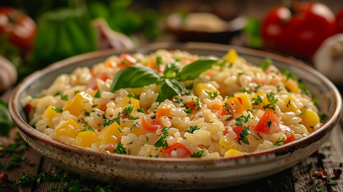 pizza risotto in a ceramic bowl
