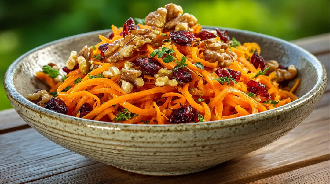Salade de carottes râpées aux canneberges, noix et vinaigrette à l’ail noir