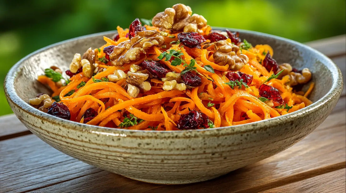 Salade de carottes râpées aux canneberges, noix et vinaigrette à l’ail noir