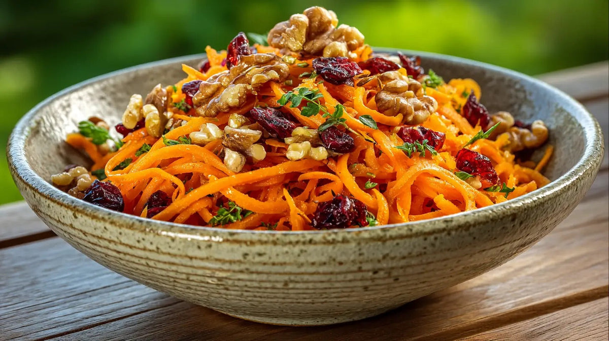 Salade de carottes râpées aux canneberges, noix et vinaigrette à l’ail noir