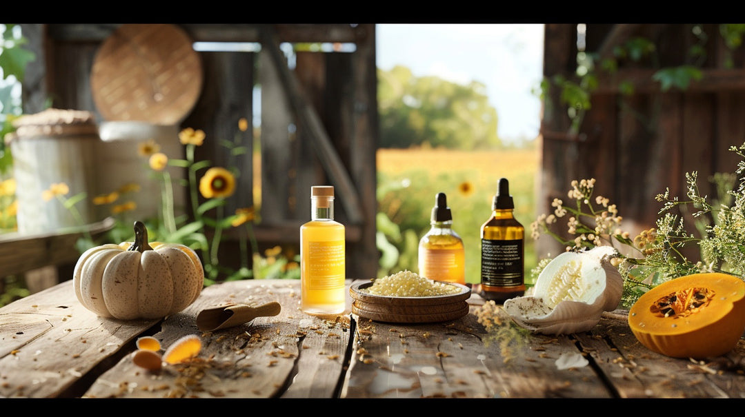 des produits de soins de beauté sur une table rustique pour répresenter le mouvement skinimalist