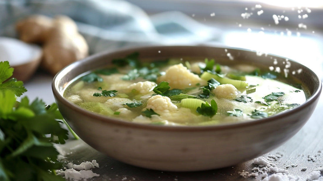 Un bol de soupe réconfortante aux légumes, garni de persil frais sur une table éclaboussée d'eau, évoquant un repas sain pour soulager les symptômes de grippe ou de rhume.