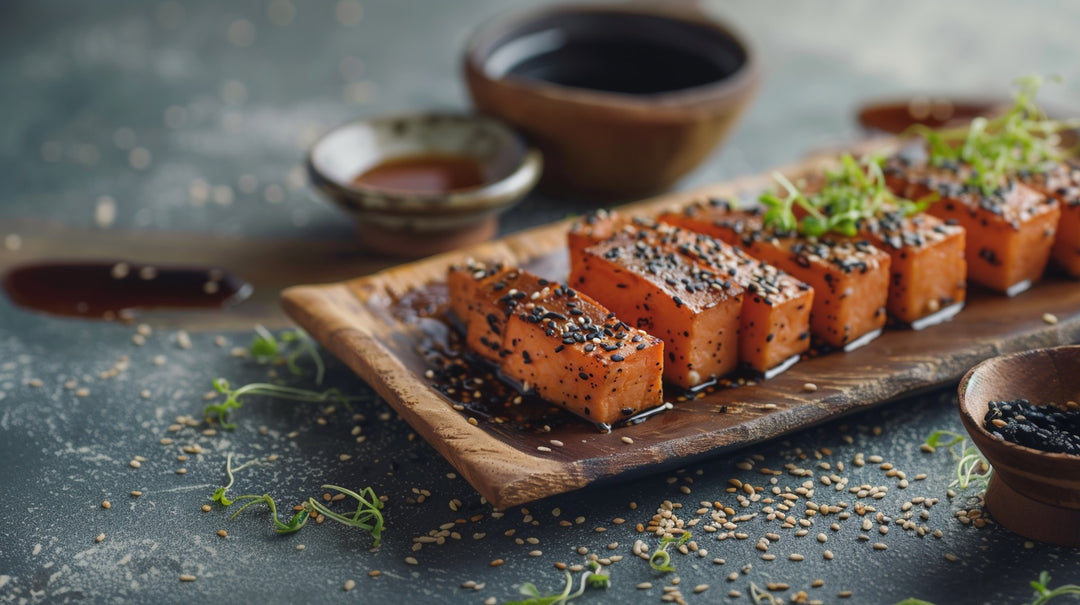 Cubes de patate douce cuite, enrobés de graines de sésame noires et blanches, présentés sur une planche en bois avec des sauces d'accompagnement.