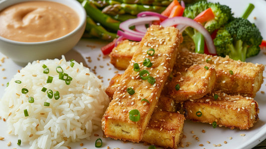 une assiette avec des batonnets de tofu au sesame
