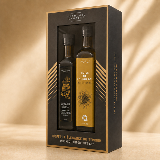 Coffret Élégance du Terroir – Huile de tournesol et vinaigre balsamique à l’érable et à l’ail noir