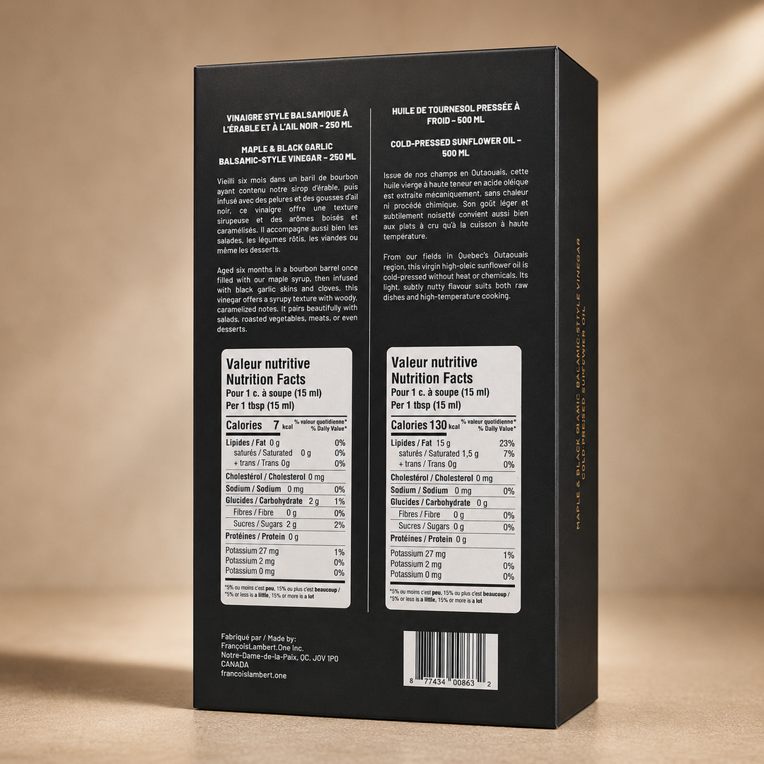 Coffret Élégance du Terroir – Huile de tournesol et vinaigre balsamique à l’érable et à l’ail noir