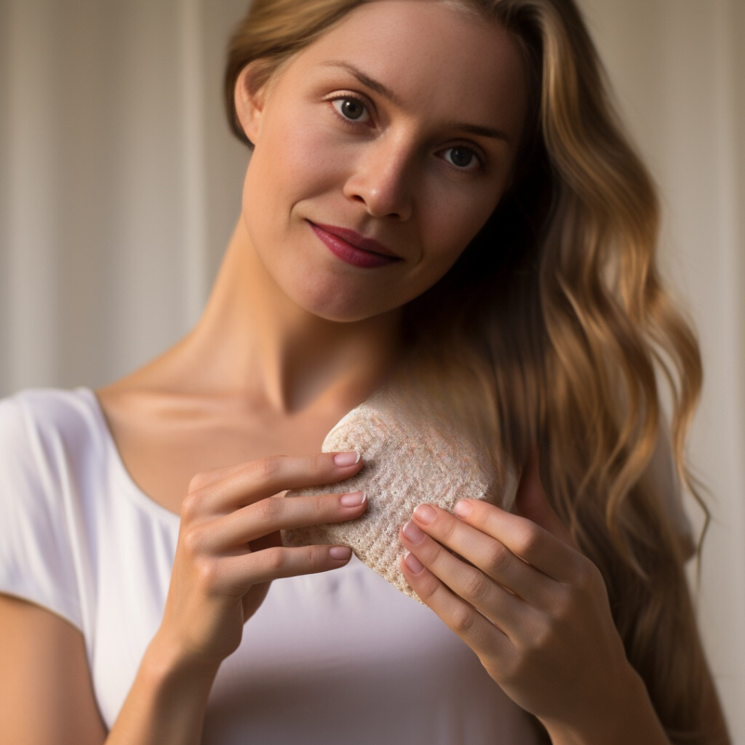 Une femme blonde tenant une pochette dans ses mains