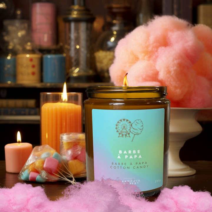 bougie de soya a la barbe à papa dans un décor retro