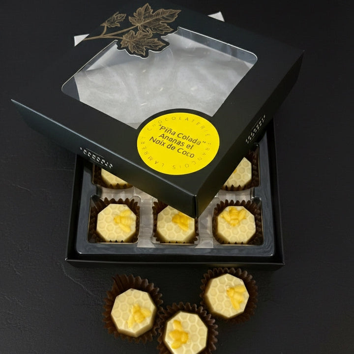White chocolates filled with Piña Colada-style filling – Box of 9