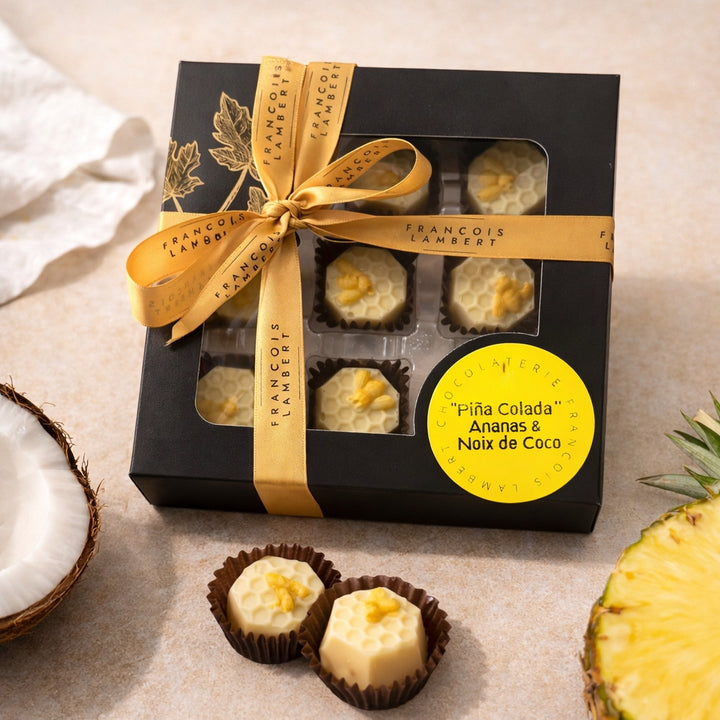 White chocolates filled with Piña Colada-style filling – Box of 9