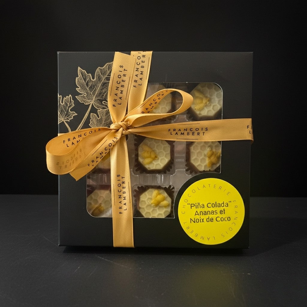 White chocolates filled with Piña Colada-style filling – Box of 9