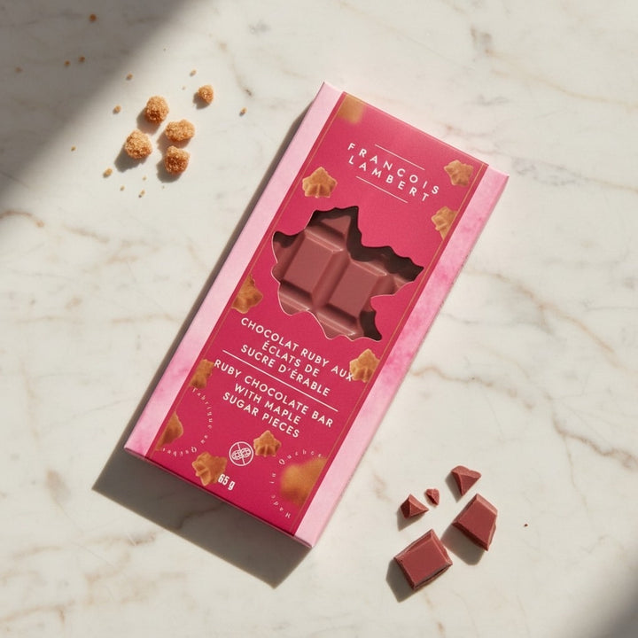 Tablette de chocolat Ruby aux éclats de sucre d’érable